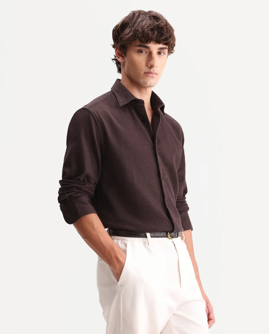 Rare Rabbit Men's Ryka Dark Brown Cotton Fabric Full Sleeve Collared Regular Fit Plain Shirt