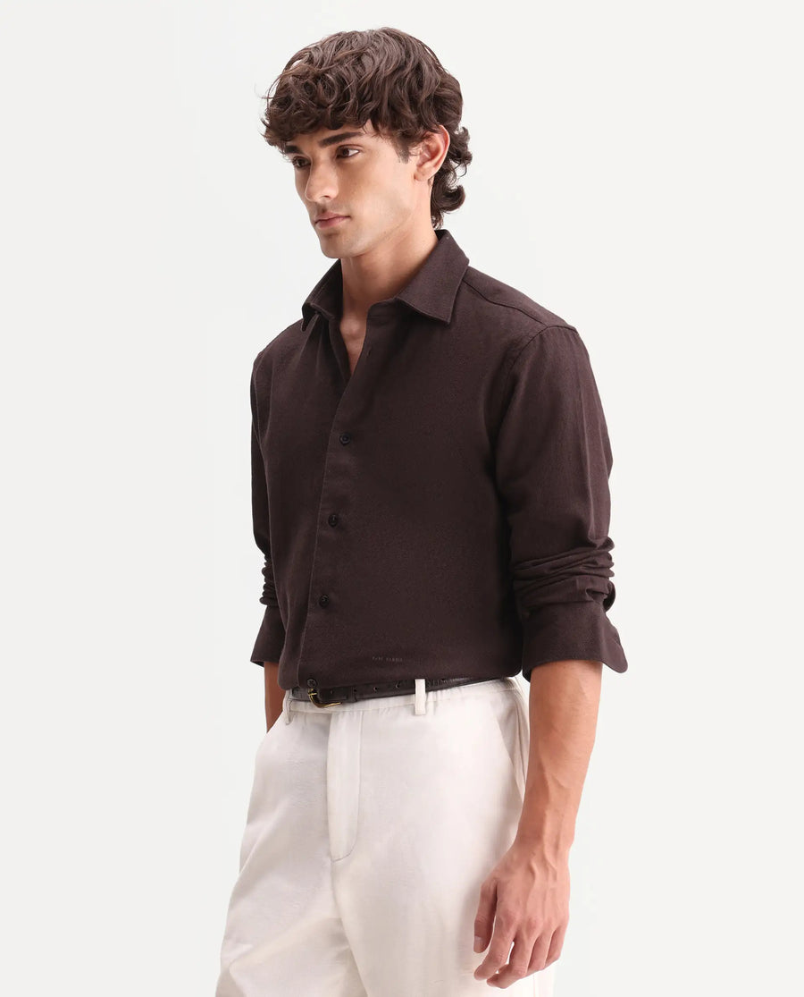 Rare Rabbit Men's Ryka Dark Brown Cotton Fabric Full Sleeve Collared Regular Fit Plain Shirt