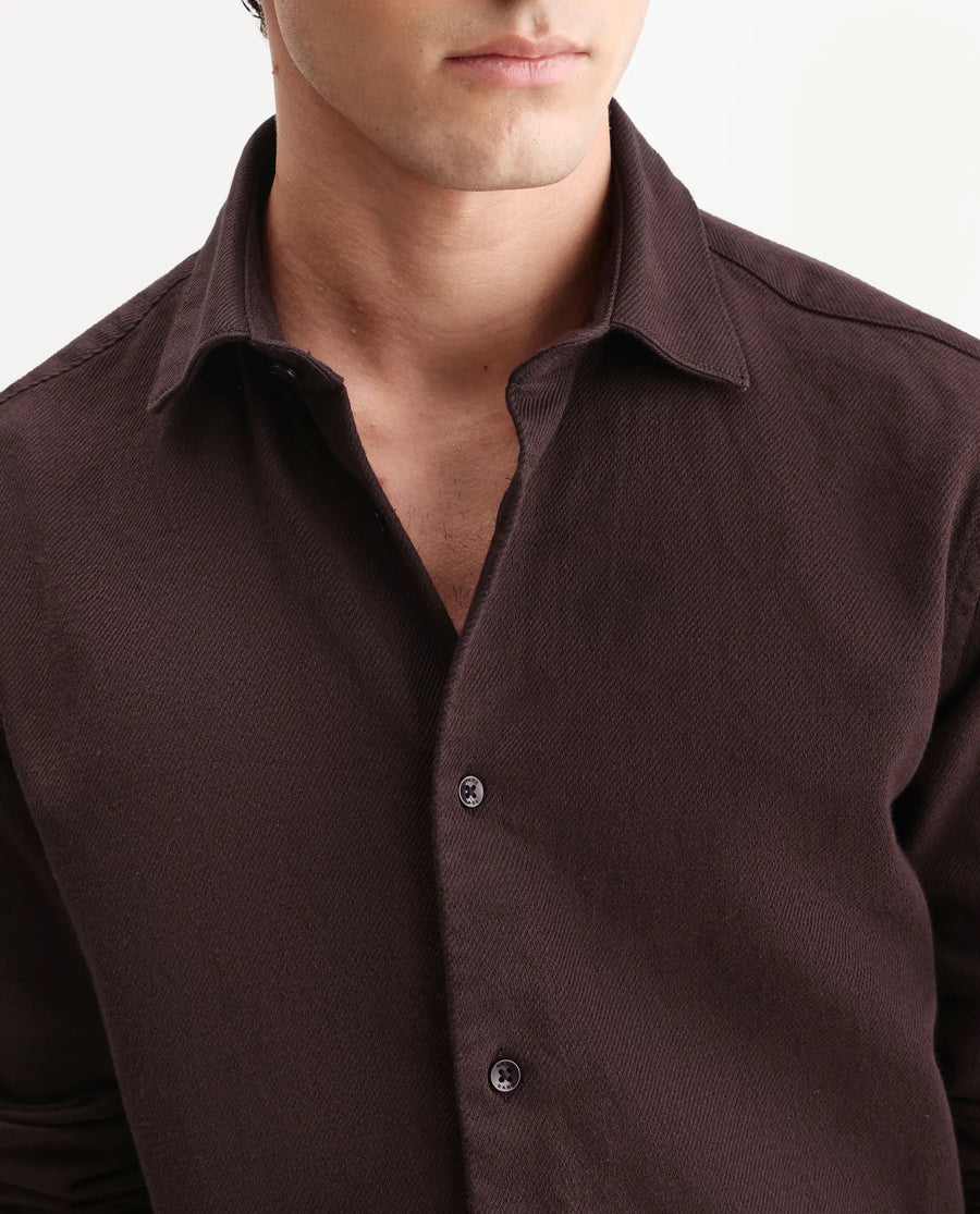 Rare Rabbit Men's Ryka Dark Brown Cotton Fabric Full Sleeve Collared Regular Fit Plain Shirt