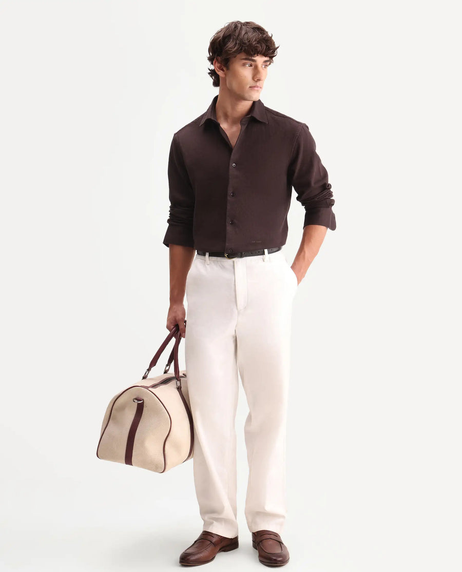 Rare Rabbit Men's Ryka Dark Brown Cotton Fabric Full Sleeve Collared Regular Fit Plain Shirt