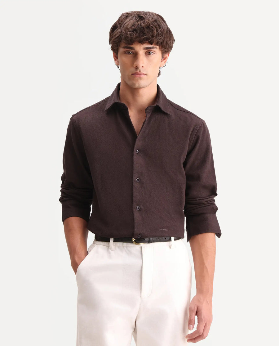 Rare Rabbit Men's Ryka Dark Brown Cotton Fabric Full Sleeve Collared Regular Fit Plain Shirt
