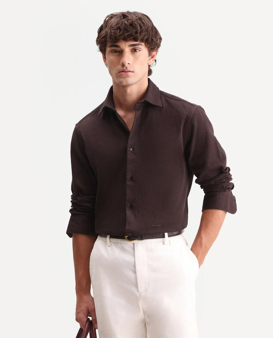 Rare Rabbit Men's Ryka Dark Brown Cotton Fabric Full Sleeve Collared Regular Fit Plain Shirt