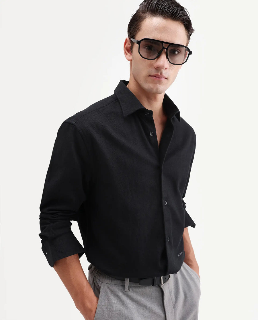 Rare Rabbit Men's Ryka Black Cotton Fabric Full Sleeve Collared Regular Fit Plain Shirt