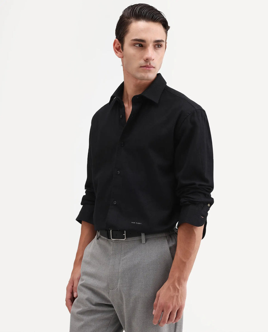 Rare Rabbit Men's Ryka Black Cotton Fabric Full Sleeve Collared Regular Fit Plain Shirt