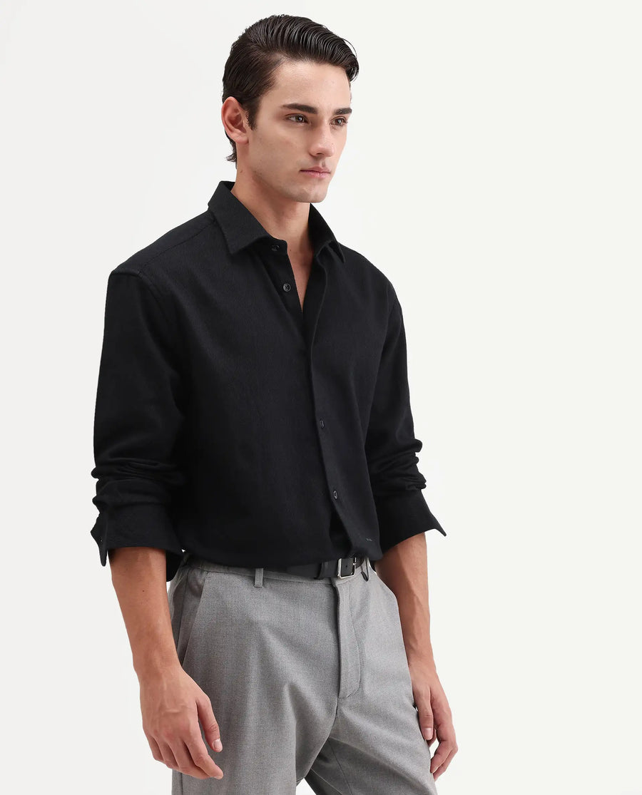 Rare Rabbit Men's Ryka Black Cotton Fabric Full Sleeve Collared Regular Fit Plain Shirt