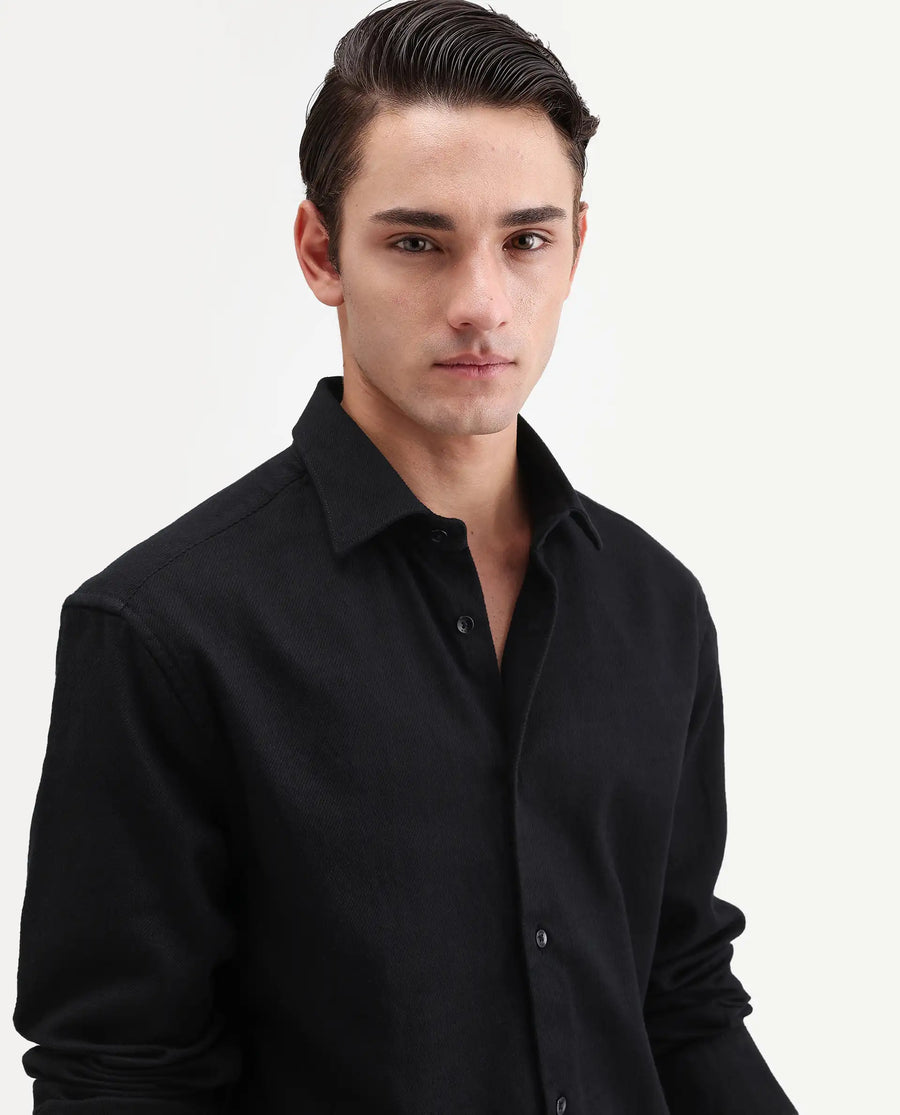 Rare Rabbit Men's Ryka Black Cotton Fabric Full Sleeve Collared Regular Fit Plain Shirt