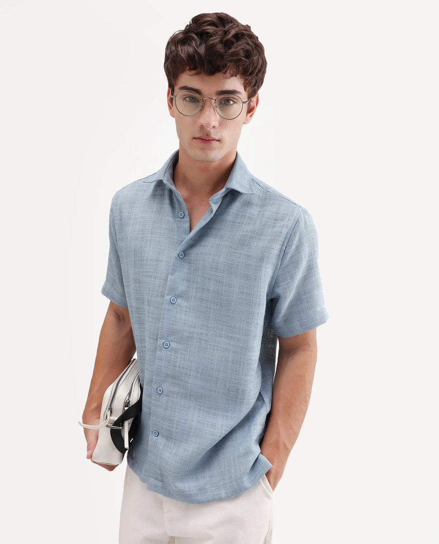 Rare Rabbit Men's Tilo Dusky Blue Polyester Fabric Half Sleeve Spread Collar Regular Fit Textured Shirt