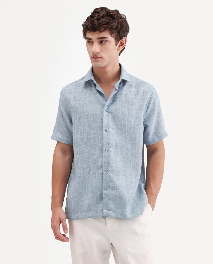 Rare Rabbit Men's Tilo Dusky Blue Polyester Fabric Half Sleeve Spread Collar Regular Fit Textured Shirt