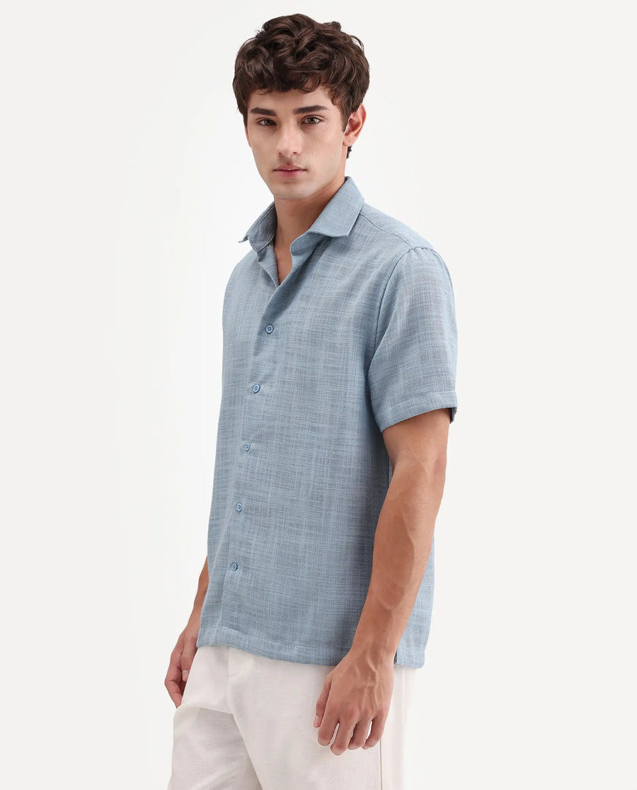 Rare Rabbit Men's Tilo Dusky Blue Polyester Fabric Half Sleeve Spread Collar Regular Fit Textured Shirt