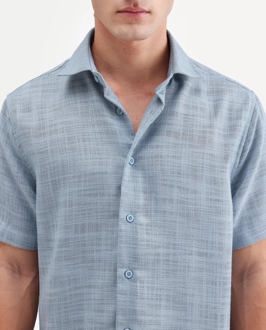 Rare Rabbit Men's Tilo Dusky Blue Polyester Fabric Half Sleeve Spread Collar Regular Fit Textured Shirt