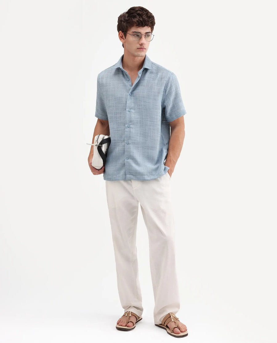 Rare Rabbit Men's Tilo Dusky Blue Polyester Fabric Half Sleeve Spread Collar Regular Fit Textured Shirt