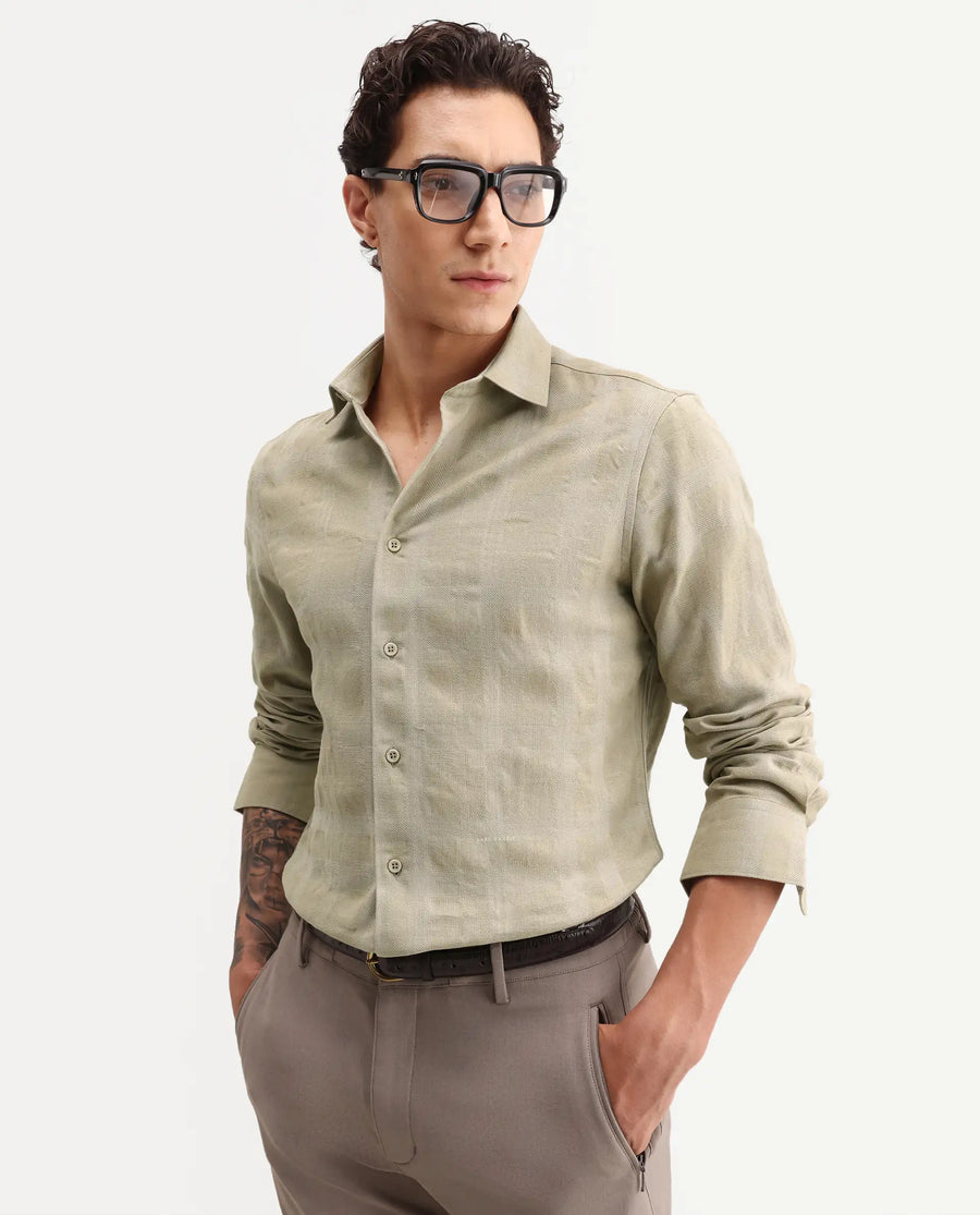 Rare Rabbit Men's Mexa Dusky Green Cotton Blend Fabric Full Sleeve Collared Regular Fit Checked Shirt