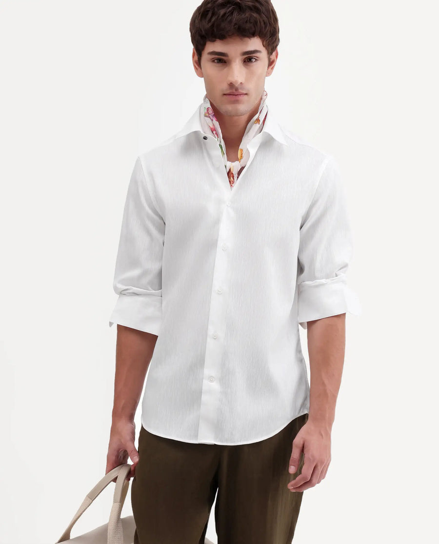 Rare Rabbit Men's Snow White Cotton Blend Fabric Full Sleeve Spread Collar Regular Fit Plain Shirt