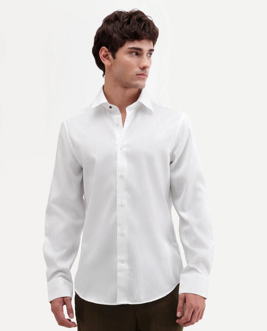 Rare Rabbit Men's Snow White Cotton Blend Fabric Full Sleeve Spread Collar Regular Fit Plain Shirt