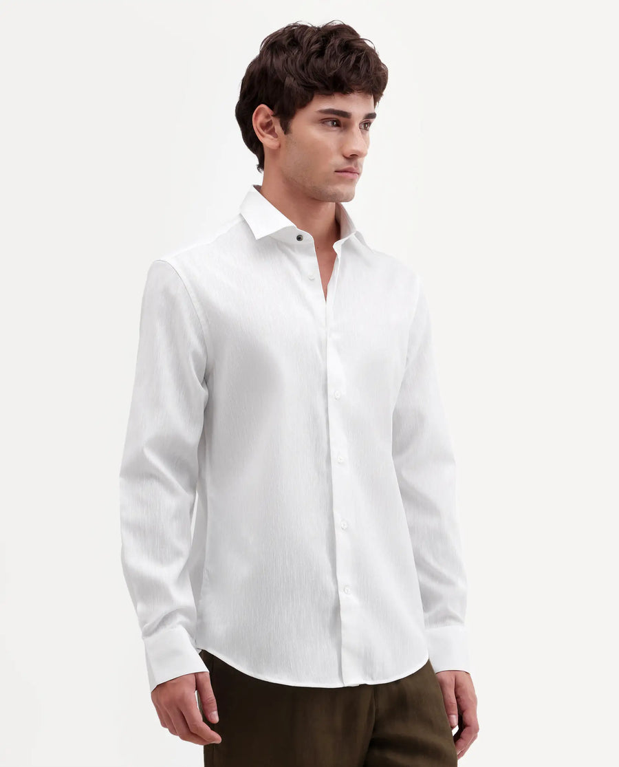 Rare Rabbit Men's Snow White Cotton Blend Fabric Full Sleeve Spread Collar Regular Fit Plain Shirt