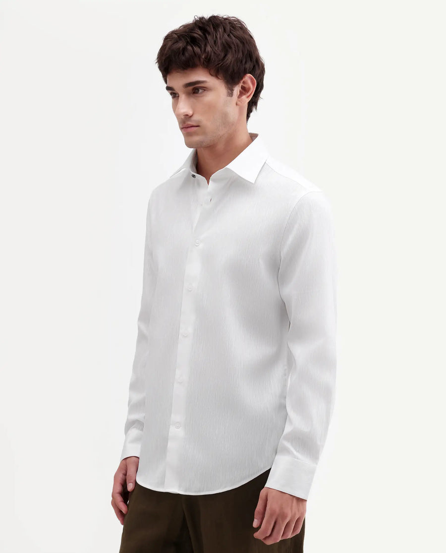 Rare Rabbit Men's Snow White Cotton Blend Fabric Full Sleeve Spread Collar Regular Fit Plain Shirt