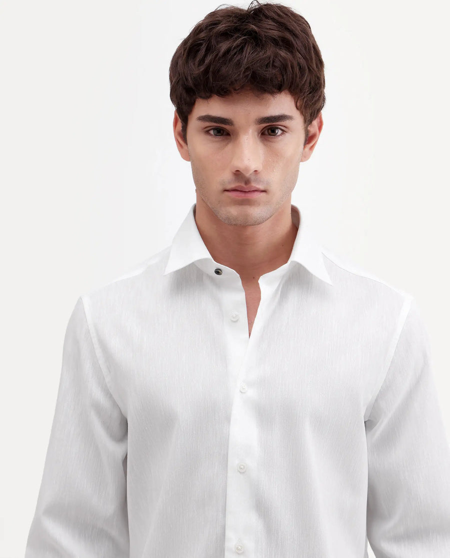 Rare Rabbit Men's Snow White Cotton Blend Fabric Full Sleeve Spread Collar Regular Fit Plain Shirt