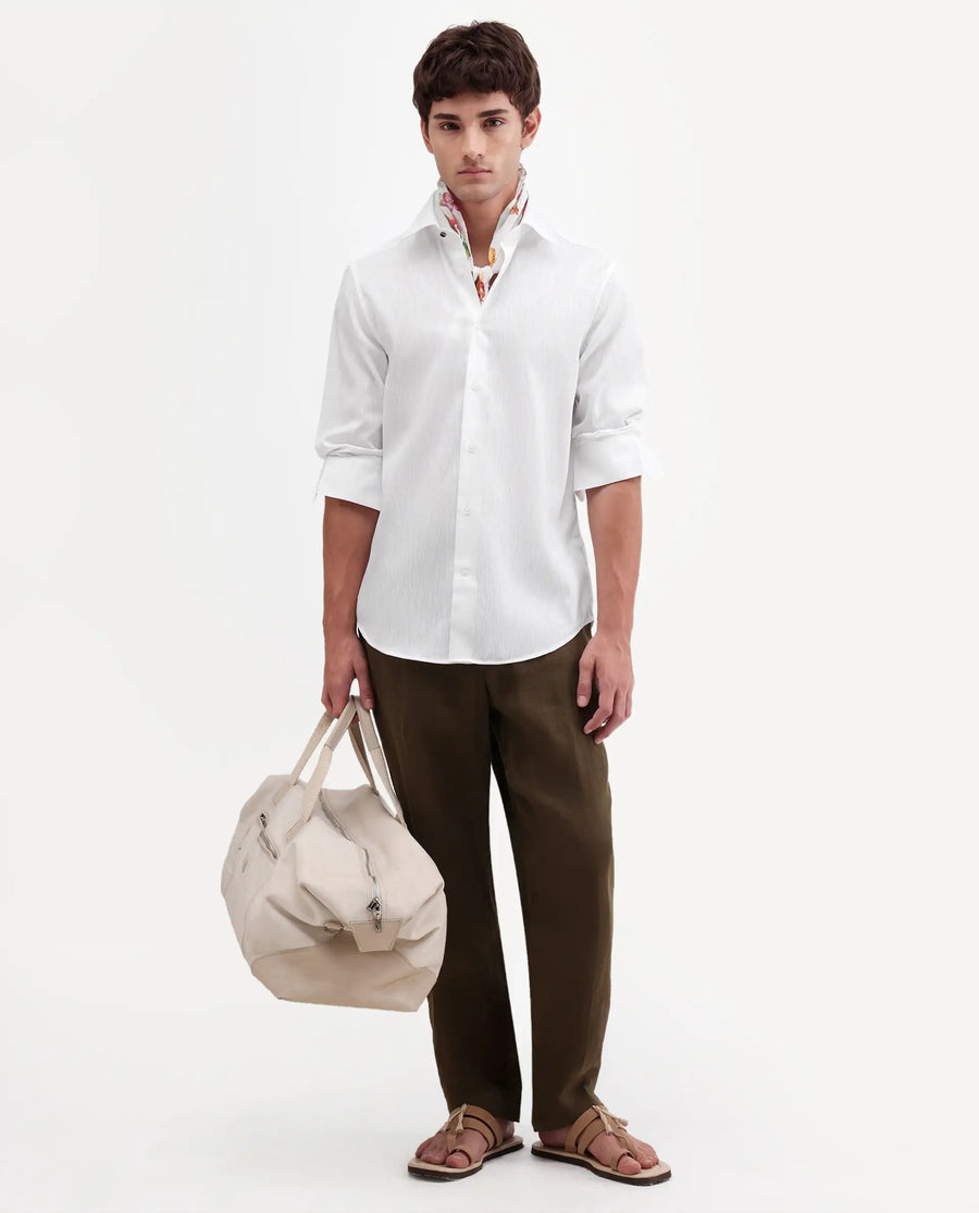 Rare Rabbit Men's Snow White Cotton Blend Fabric Full Sleeve Spread Collar Regular Fit Plain Shirt