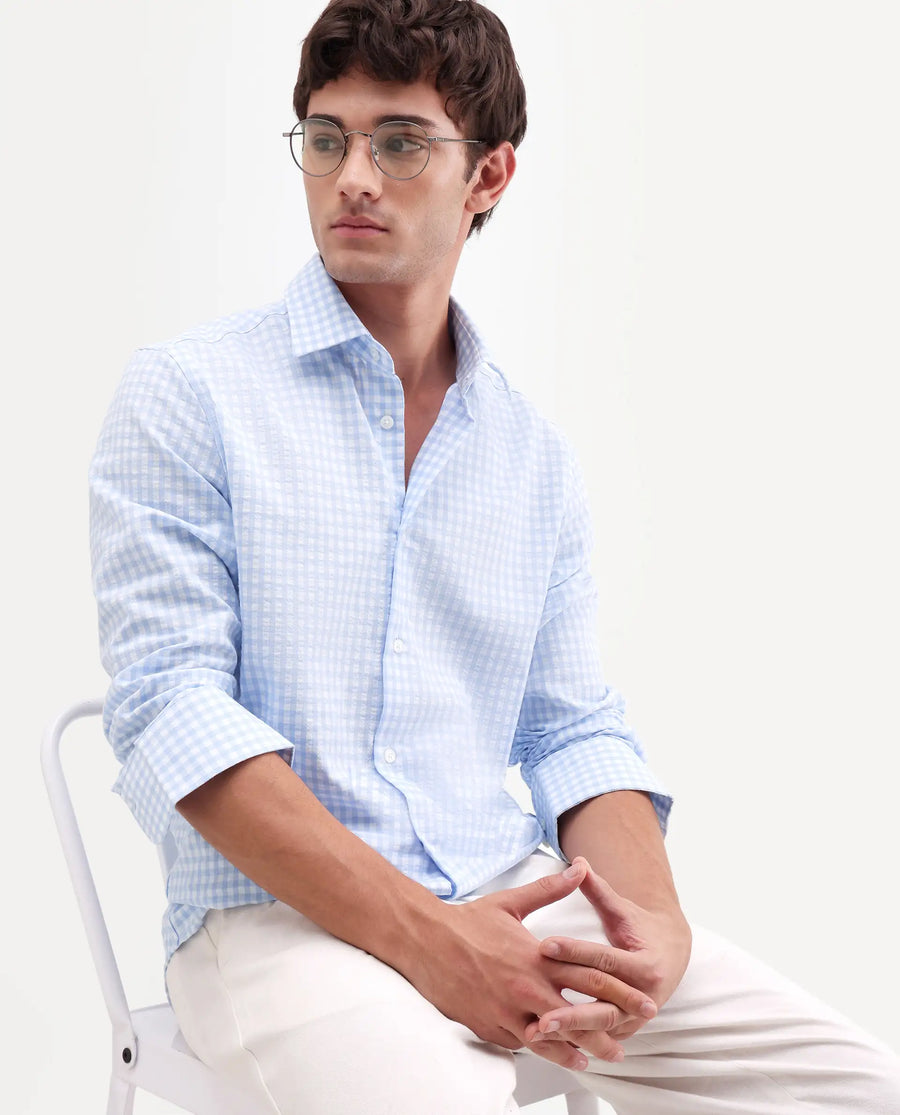 Rare Rabbit Men's Micko White Polyester Blend Fabric Full Sleeve Collared Regular Fit Checked Shirt