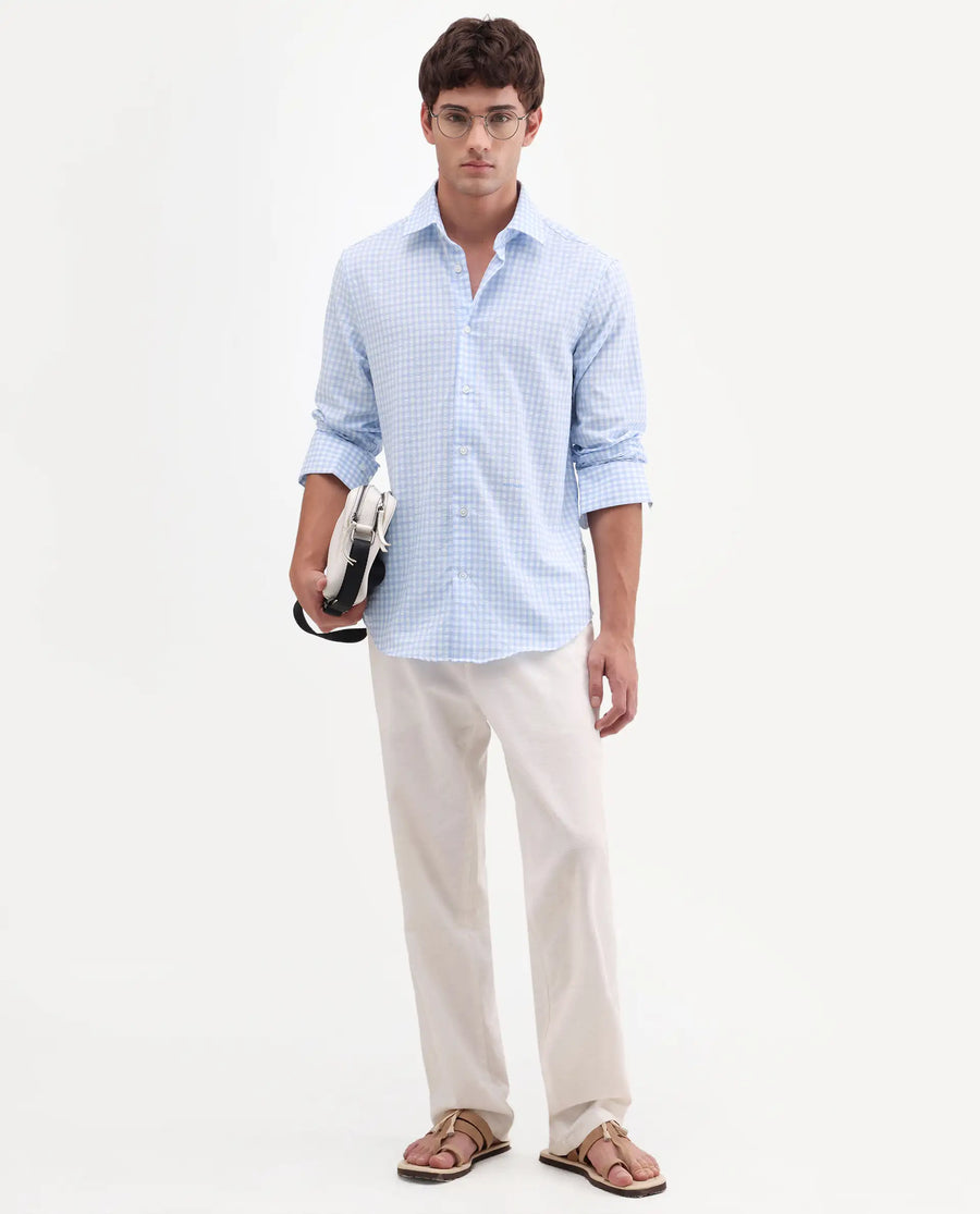 Rare Rabbit Men's Micko White Polyester Blend Fabric Full Sleeve Collared Regular Fit Checked Shirt