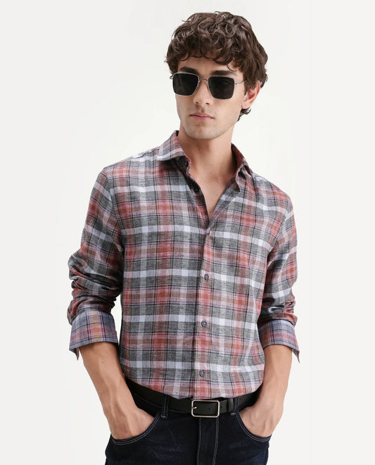 Rare Rabbit Men's Hood Red Cotton Blend Fabric Full Sleeve Collared Regular Fit Checked Shirt