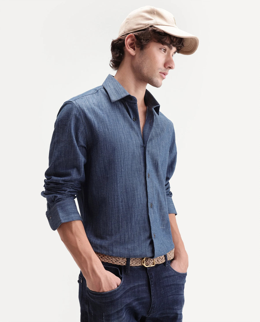 Rare Rabbit Men's Bettle Dark Blue Cotton Blend Fabric Full Sleeve Collared Regular Fit Plain Shirt
