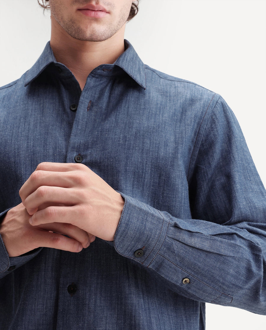Rare Rabbit Men's Bettle Dark Blue Cotton Blend Fabric Full Sleeve Collared Regular Fit Plain Shirt