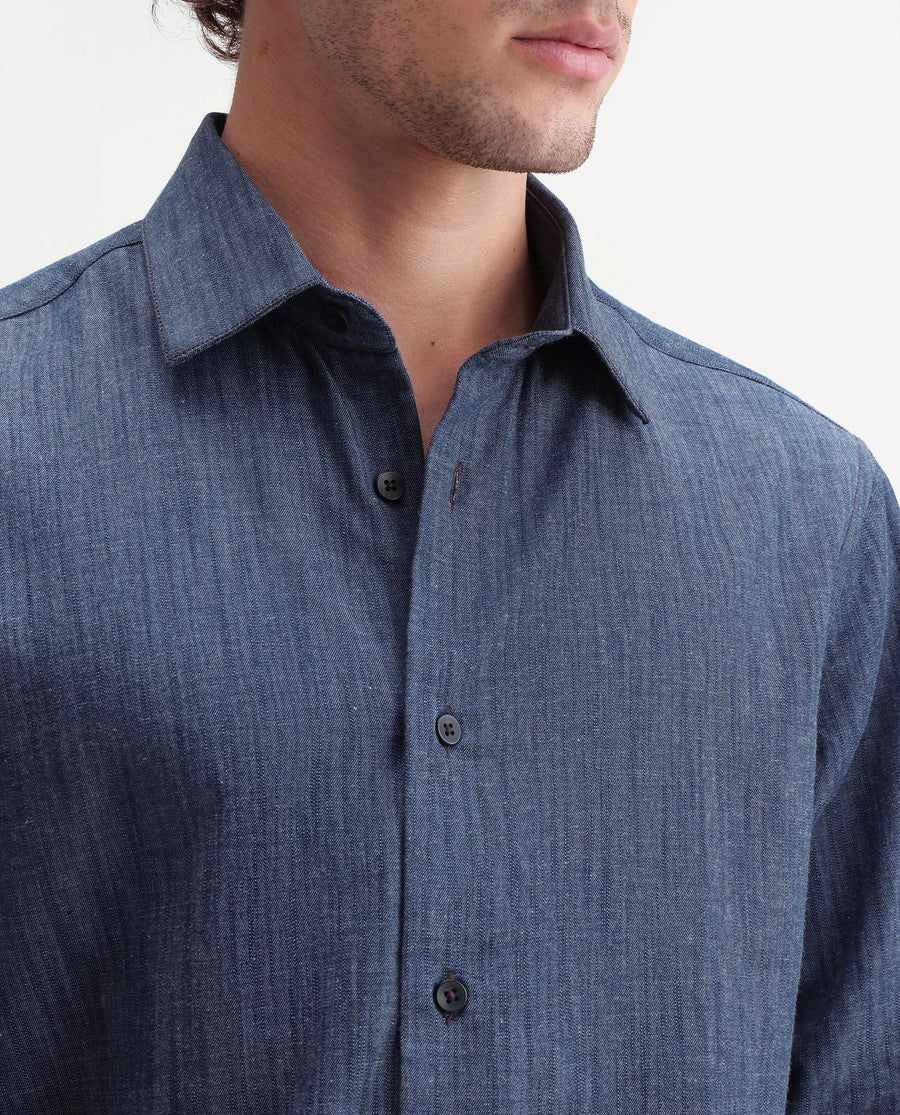 Rare Rabbit Men's Bettle Dark Blue Cotton Blend Fabric Full Sleeve Collared Regular Fit Plain Shirt