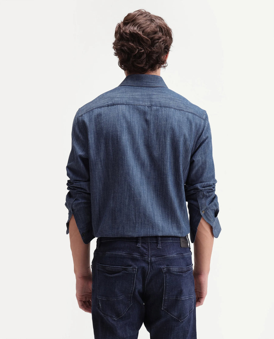 Rare Rabbit Men's Bettle Dark Blue Cotton Blend Fabric Full Sleeve Collared Regular Fit Plain Shirt
