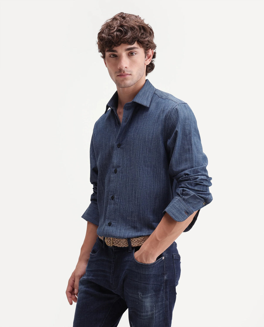 Rare Rabbit Men's Bettle Dark Blue Cotton Blend Fabric Full Sleeve Collared Regular Fit Plain Shirt
