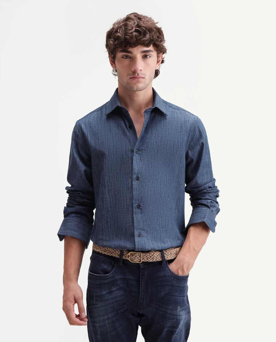 Rare Rabbit Men's Bettle Dark Blue Cotton Blend Fabric Full Sleeve Collared Regular Fit Plain Shirt