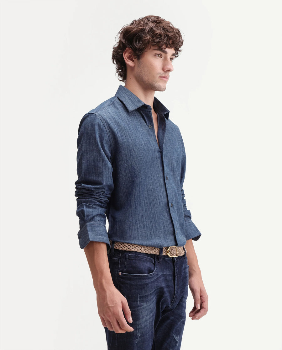 Rare Rabbit Men's Bettle Dark Blue Cotton Blend Fabric Full Sleeve Collared Regular Fit Plain Shirt