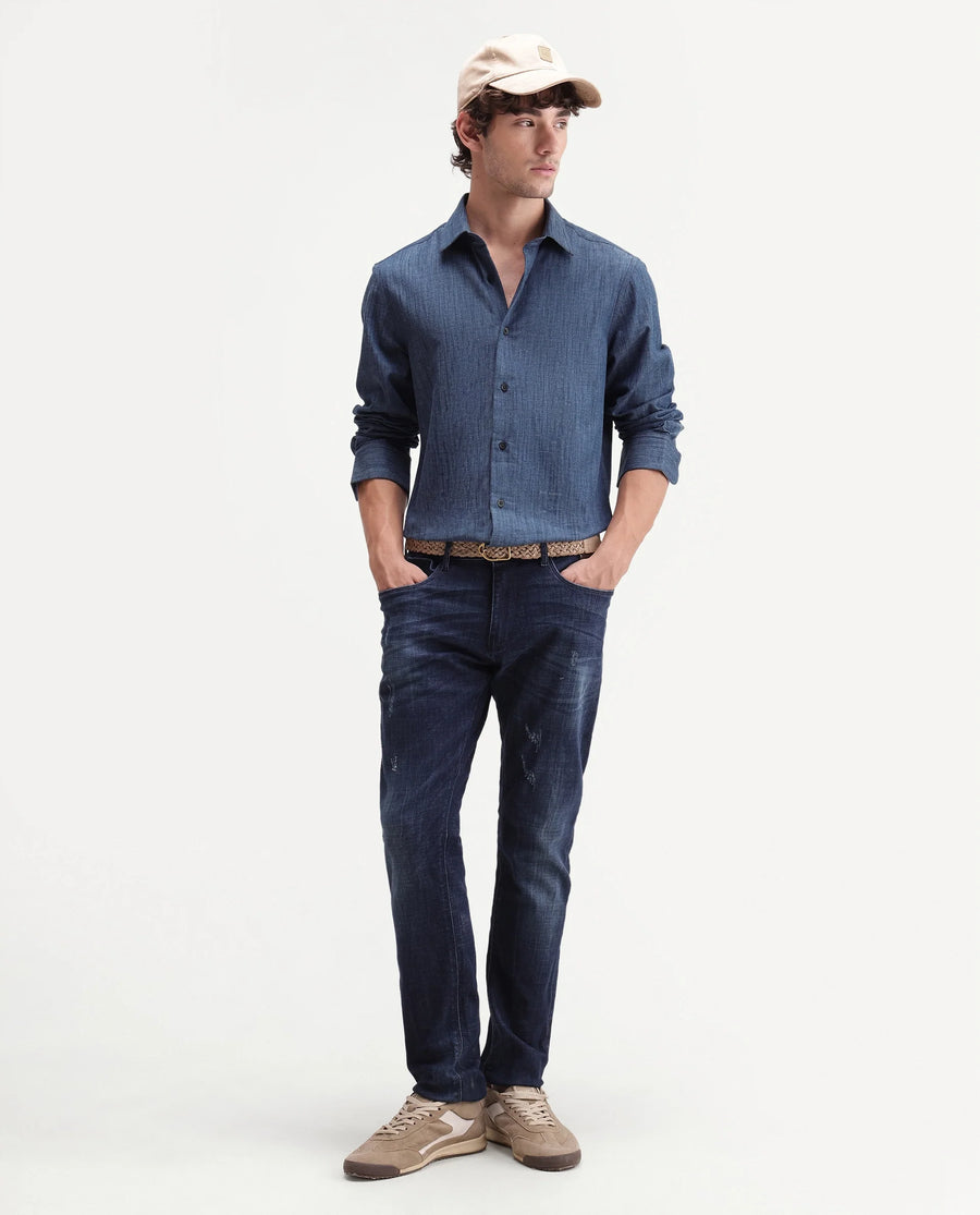 Rare Rabbit Men's Bettle Dark Blue Cotton Blend Fabric Full Sleeve Collared Regular Fit Plain Shirt