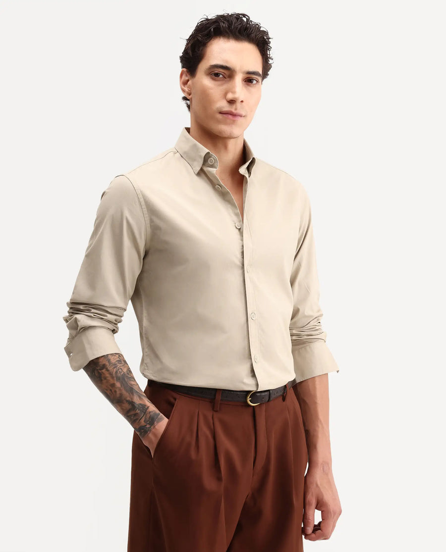 Rare Rabbit Men's Eder Light Beige Cotton Fabric Full Sleeve Collared Regular Fit Plain Shirt