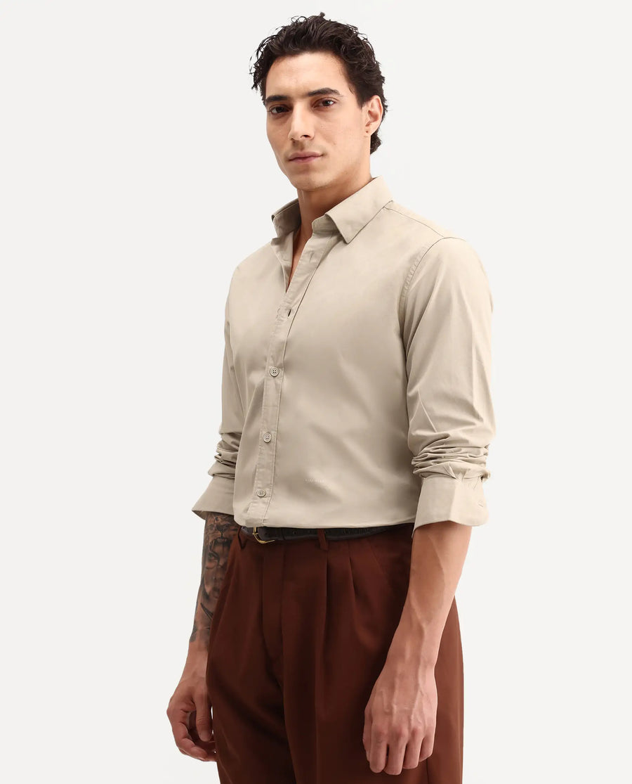 Rare Rabbit Men's Eder Light Beige Cotton Fabric Full Sleeve Collared Regular Fit Plain Shirt