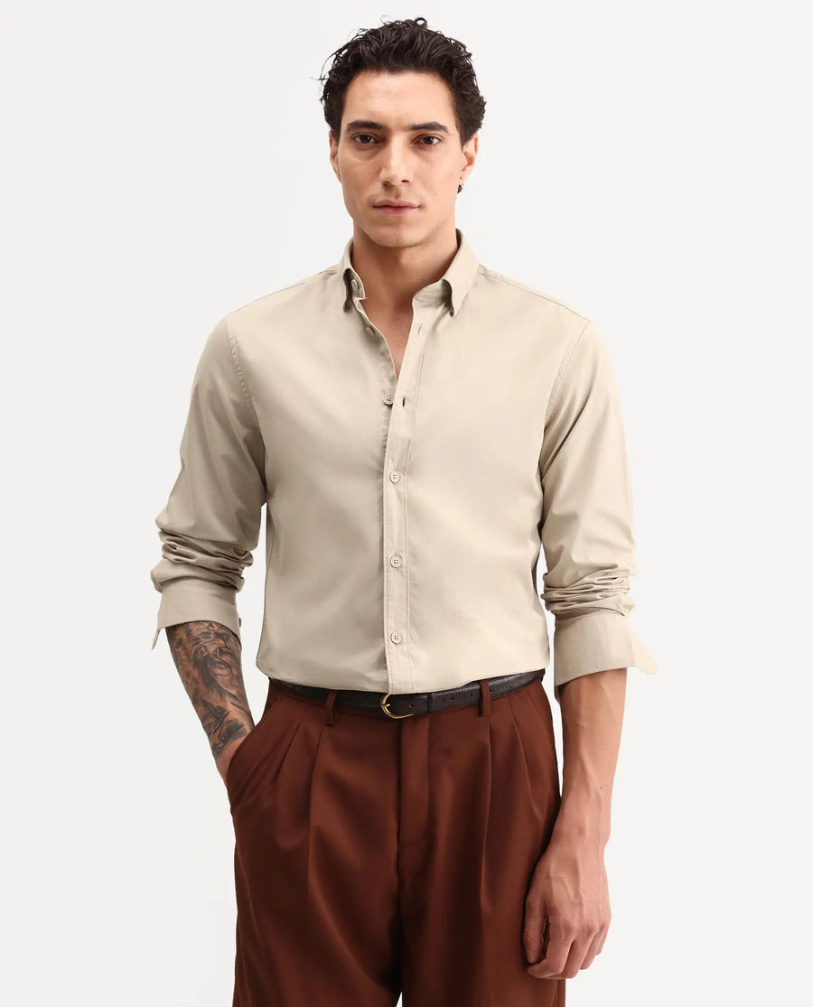 Rare Rabbit Men's Eder Light Beige Cotton Fabric Full Sleeve Collared Regular Fit Plain Shirt