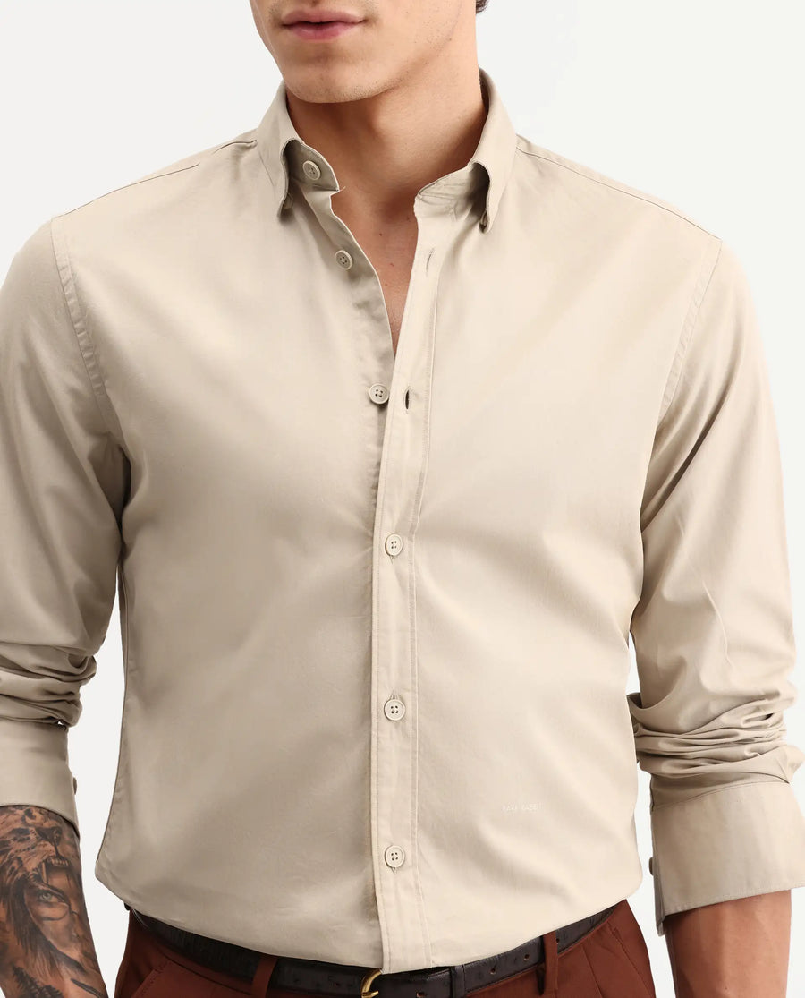 Rare Rabbit Men's Eder Light Beige Cotton Fabric Full Sleeve Collared Regular Fit Plain Shirt