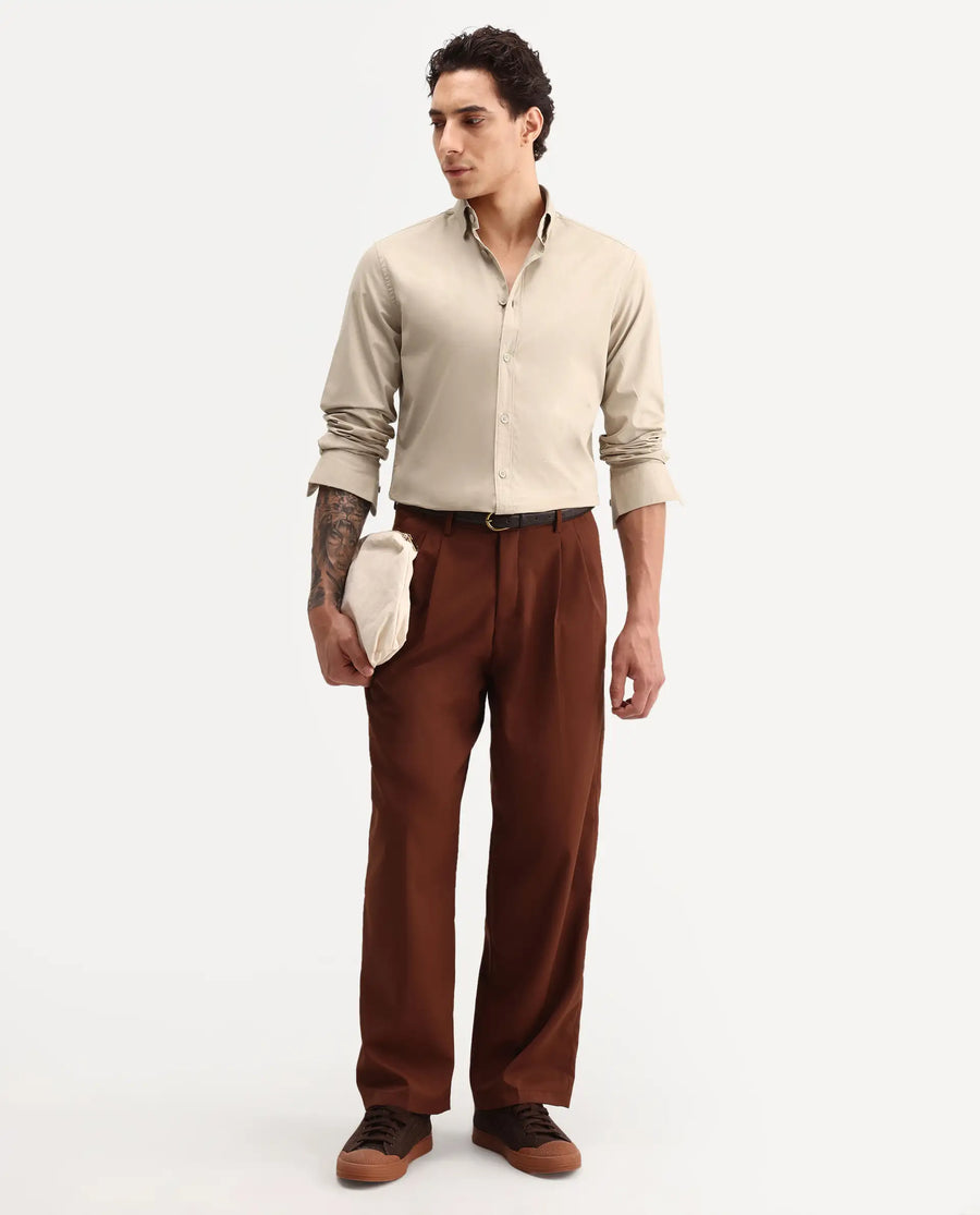 Rare Rabbit Men's Eder Light Beige Cotton Fabric Full Sleeve Collared Regular Fit Plain Shirt