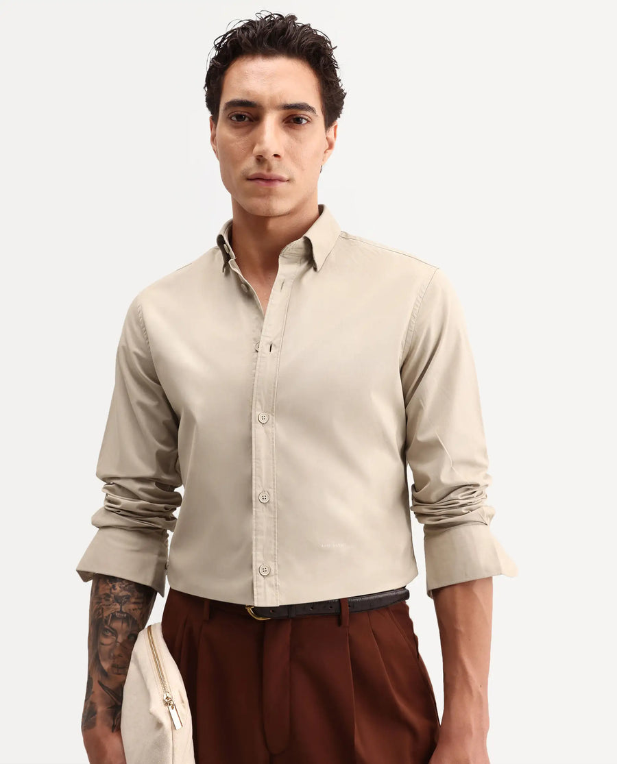 Rare Rabbit Men's Eder Light Beige Cotton Fabric Full Sleeve Collared Regular Fit Plain Shirt