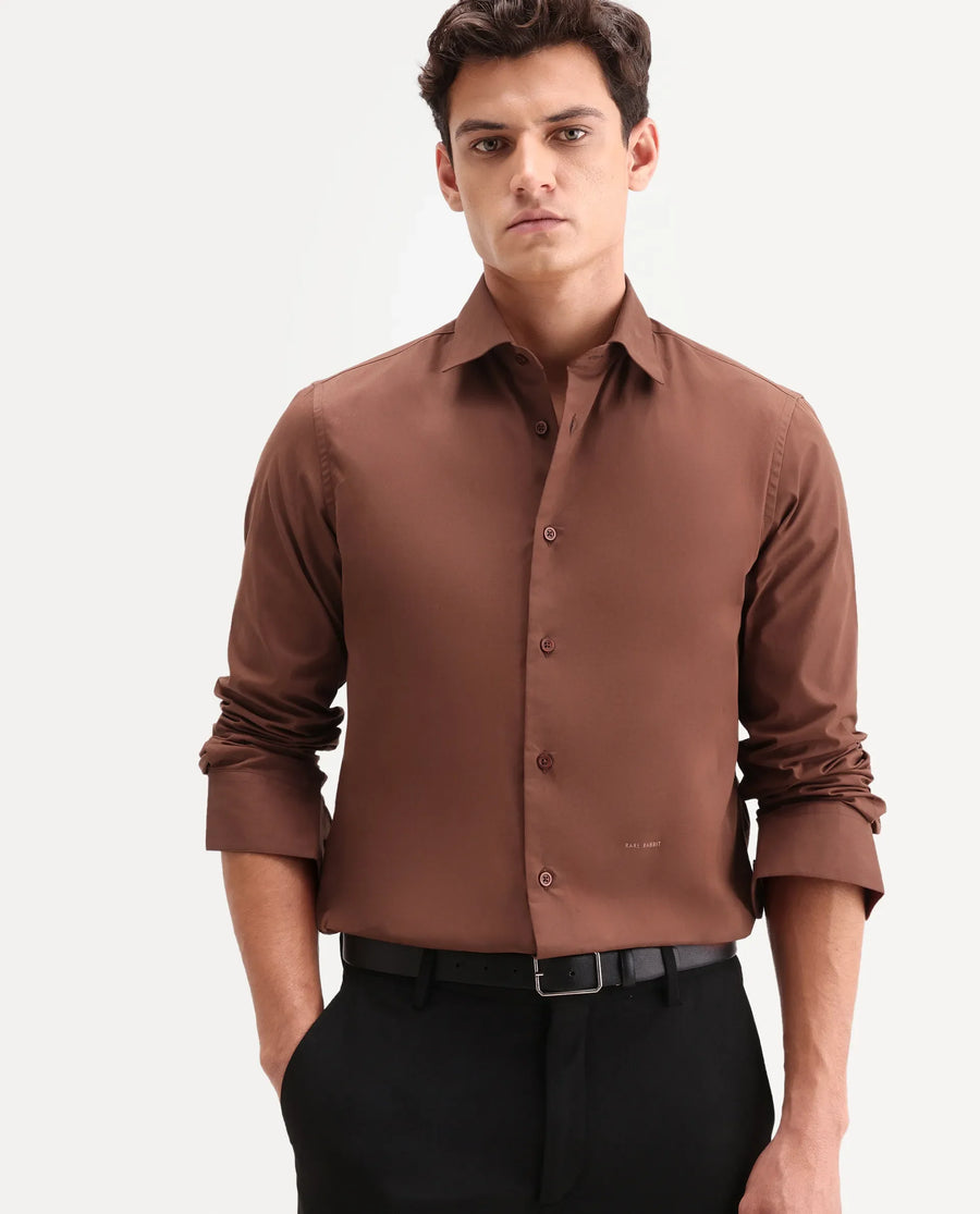 Rare Rabbit Men's Edro Rust Cotton Fabric Full Sleeve Collared Regular Fit Plain Shirt