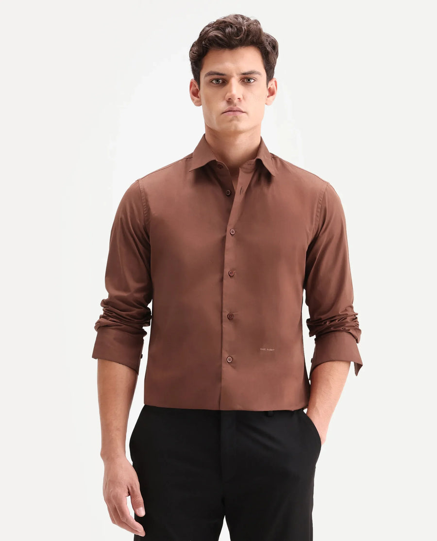Rare Rabbit Men's Edro Rust Cotton Fabric Full Sleeve Collared Regular Fit Plain Shirt