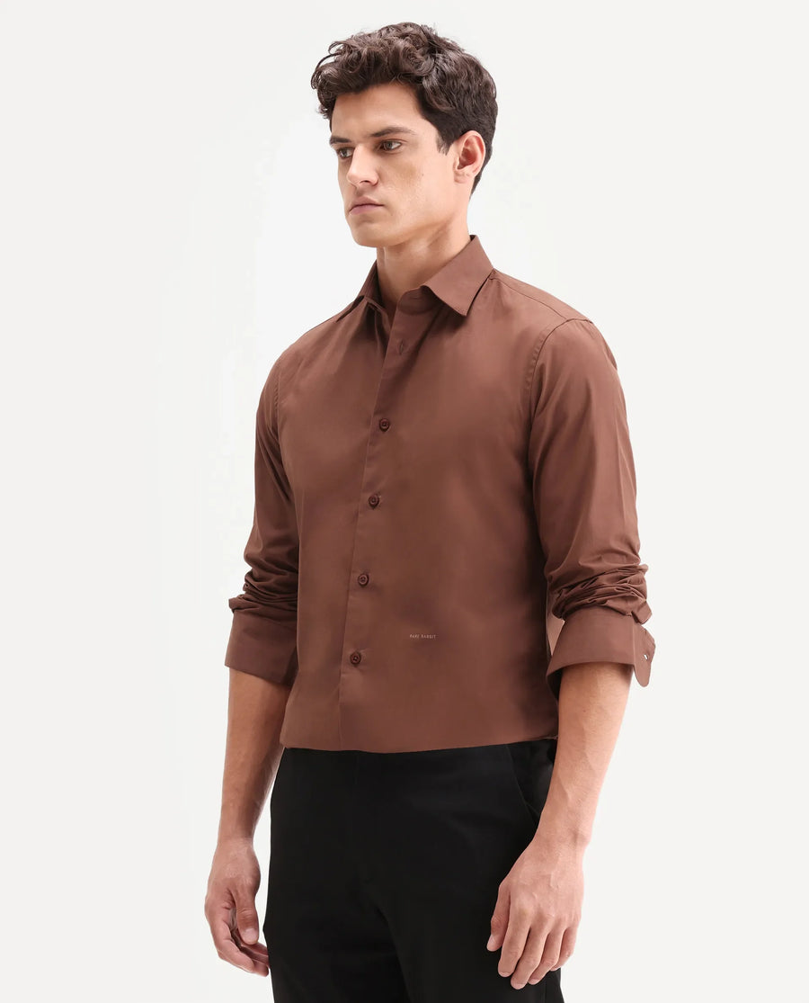 Rare Rabbit Men's Edro Rust Cotton Fabric Full Sleeve Collared Regular Fit Plain Shirt