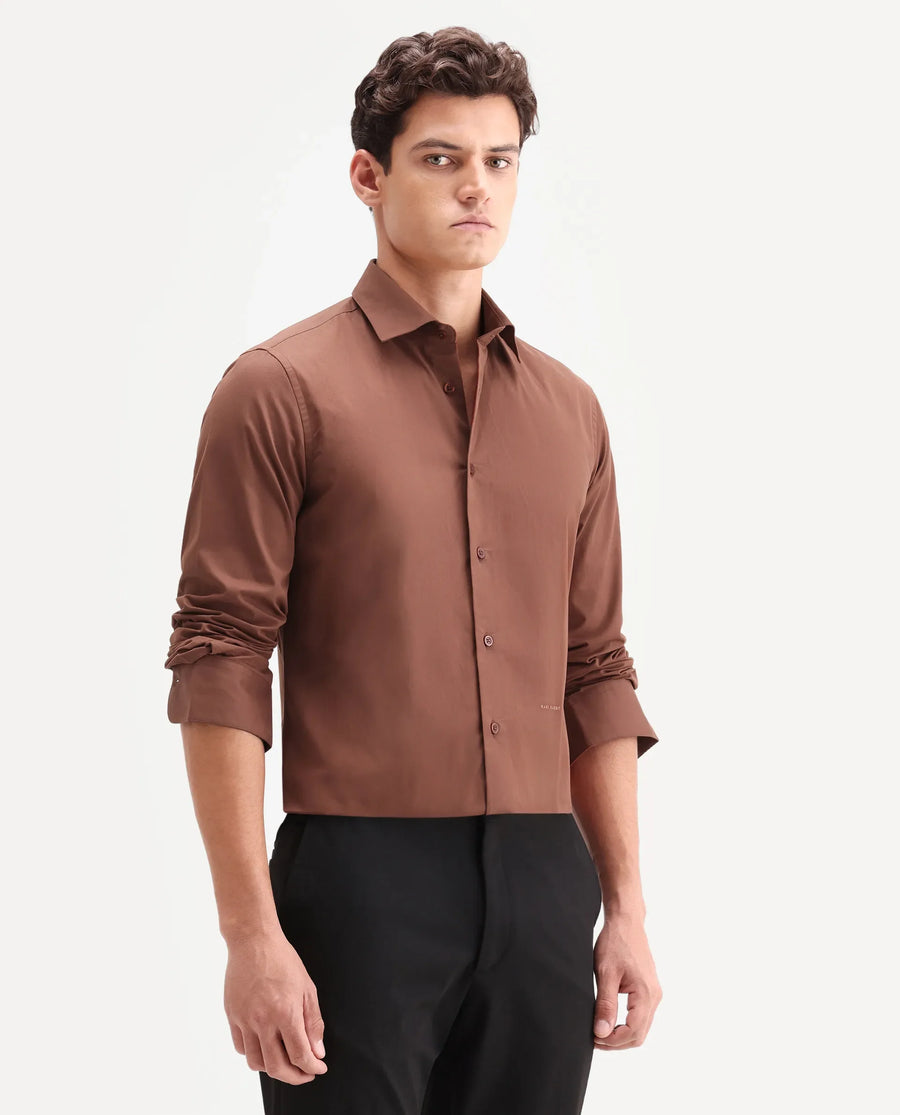 Rare Rabbit Men's Edro Rust Cotton Fabric Full Sleeve Collared Regular Fit Plain Shirt