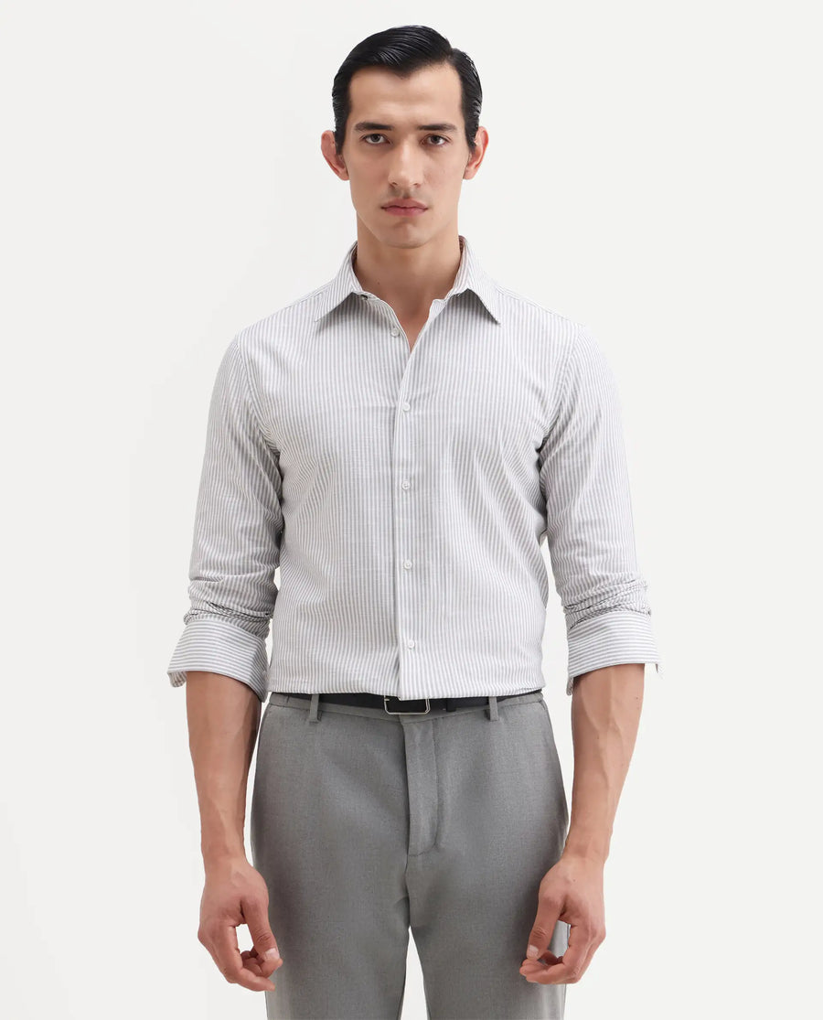 Rare Rabbit Men's Glav Light Grey Cotton Fabric Full Sleeve Spread Collar Button Regular Striped Shirt