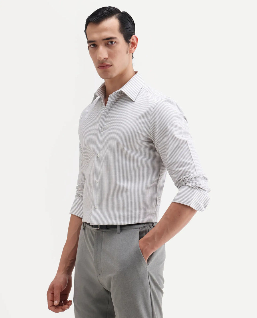 Rare Rabbit Men's Glav Light Grey Cotton Fabric Full Sleeve Spread Collar Button Regular Striped Shirt