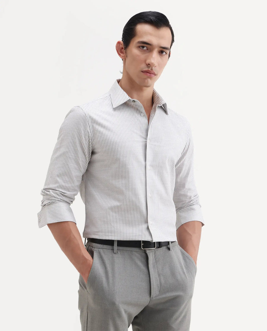 Rare Rabbit Men's Glav Light Grey Cotton Fabric Full Sleeve Spread Collar Button Regular Striped Shirt