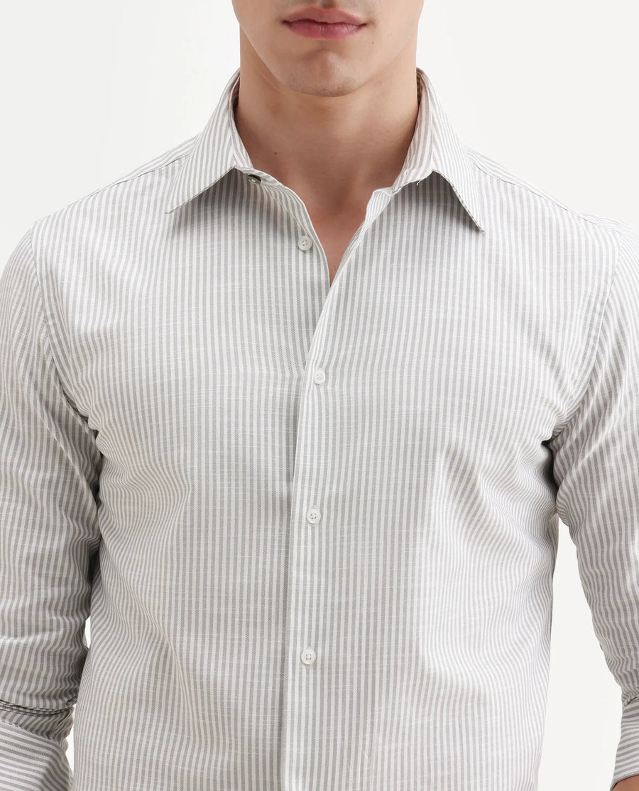 Rare Rabbit Men's Glav Light Grey Cotton Fabric Full Sleeve Spread Collar Button Regular Striped Shirt