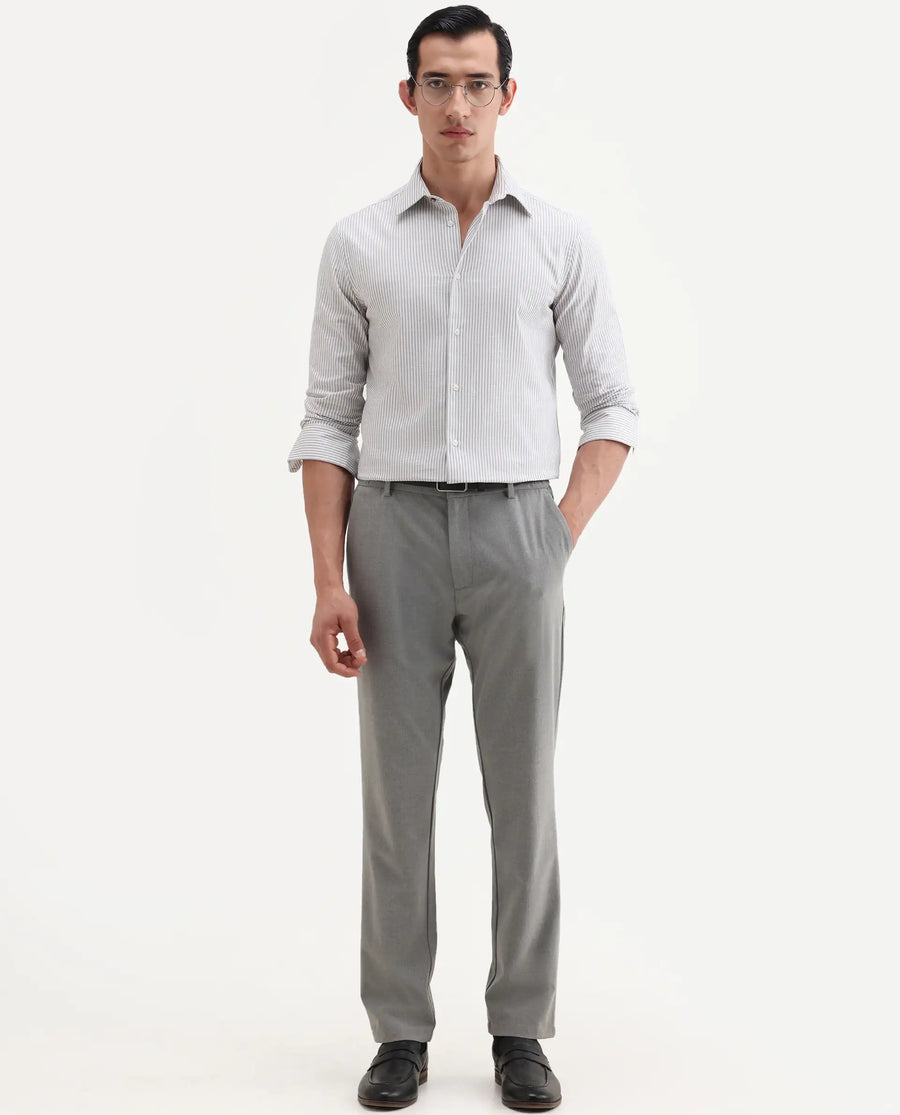 Rare Rabbit Men's Glav Light Grey Cotton Fabric Full Sleeve Spread Collar Button Regular Striped Shirt