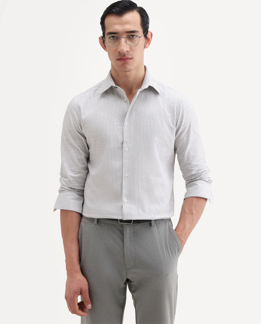 Rare Rabbit Men's Glav Light Grey Cotton Fabric Full Sleeve Spread Collar Button Regular Striped Shirt