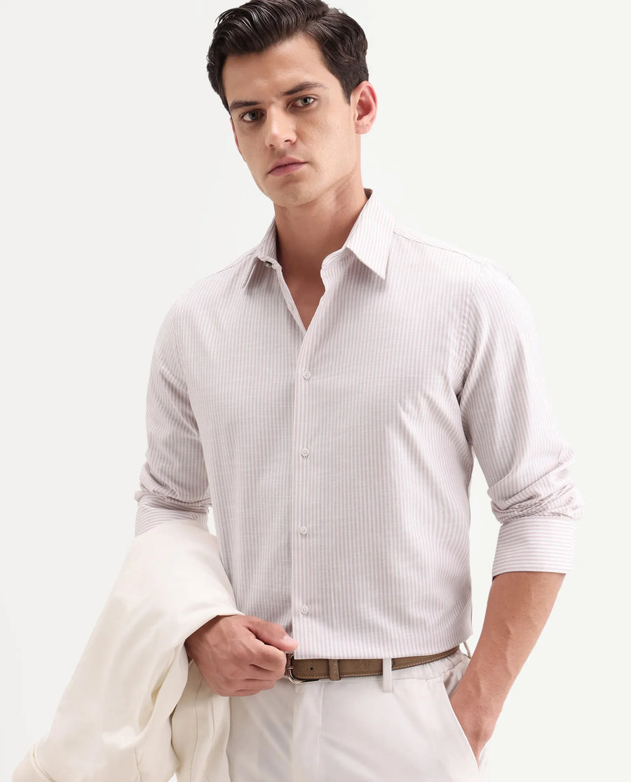 Rare Rabbit Men's Glav Light Pink Cotton Fabric Full Sleeve Spread Collar Button Regular Striped Shirt